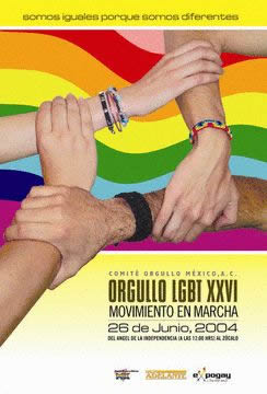 Poster: SOMOS IGUALES PORQUE SOMOS DIFERENTES - XXVI Marcha Del Orgullo LGBT De La Ciudad De Mxico - MOVIMENTO EN MARCHA-  26 de Junio, 2004 - Comit ORGULLO Mxico, A.C.